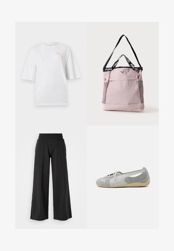 Camiseta blanca de manga corta con cuello redondo, con un pequeño logotipo rosa de Puma en el lado izquierdo del pecho.; Pantalones de pierna ancha negros con una tela texturizada, cintura elástica y detalle del logo de PUMA. Diseño simple con un ajuste casual.; Zapato plano de ante Puma gris claro con logo blanco, cordones delanteros, laterales recortados y suela beige texturizada, mostrado desde el lado exterior.; Bolso tote Puma rosa claro con correa negra para el hombro, asas cortas con el logo de Puma, bolsillo delantero con cremallera y bolsillos laterales de malla.