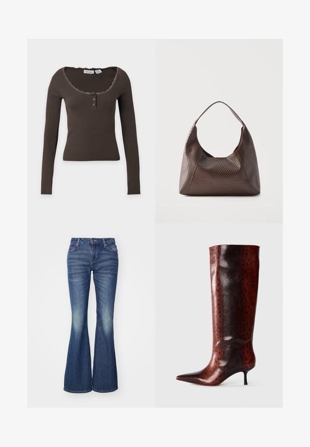 Brun ribbet langærmet top med rund halsudskæring, to knapper foran og blondekant rundt om kraven.; Udsatte blå jeans lavet af denim med en lys vaskeeffekt, der har klassiske lommer og en enkelt knaplukning.; Brune faux læder knæhøje støvler med spids tå, der har et struktureret leopardmønster og en slank, sort kittenhæl.; Brun flettet læder skuldertaske med en enkelt bred strop og en slasket, halvmåneformet krop.