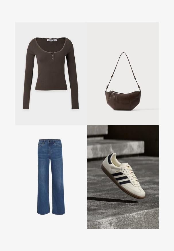 Bruine geribbelde top met lange mouwen, ronde hals, twee knopen aan de voorkant en kanten rand rond de kraag.; Wijduitlopende jeans van middelblauwe denim. Voorzien van een knoop- en ritssluiting, vijf zakken en subtiele vervaging op de stof.; Witte Adidas Samba sneaker met zwarte strepen en gumzool, zwevend boven gestructureerde grijze betonnen treden.; Bruine leren schoudertas met een gebogen onderkant en een verstelbare riem tegen een effen lichte achtergrond.