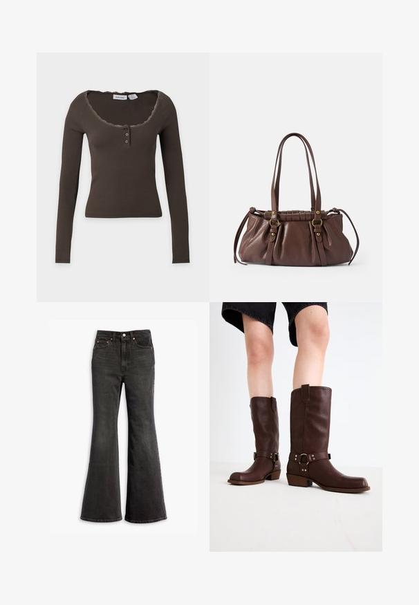 Top marron côtelé à manches longues avec encolure dégagée, deux boutons à l’avant et bordure en dentelle autour du col.; Jean en denim noir taille haute avec une jambe évasée, conception à cinq poches et accents en rivets cuivrés.; Bottes en cuir marron jusqu'au genou avec un bout arrondi, une surface texturée, une sangle au niveau de la cheville et des détails en métal argenté ; talon empilé.; Sac à main en cuir brun avec deux longues poignées, design froncé, accents en métal doré et finition texturée.