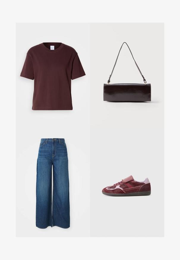 Burgundia puuvillane T-särk lühikeste varrukatega, ümmarguse kaelusega ja lõdva istuvusega. Omab lamedat pinda ilma mustrite või aktsentideta.; Kõrge vöökohaga laiad sinised teksapüksid, millel on ees taskud, vöölõngad, nööbiga kinnitamine ja nähtavad õmblused valgel taustal.; Punane seemisneaker sileda varbaga, tekstuursete külgpaneelidega, toonides nööride ja Velcro rihmaga. Omab vastupidavat musta kummist tallat.; Ristkülikukujuline must nahast käekott ühe pika rihmaga ja läikiva viimistlusega, asetatud valgele taustale.