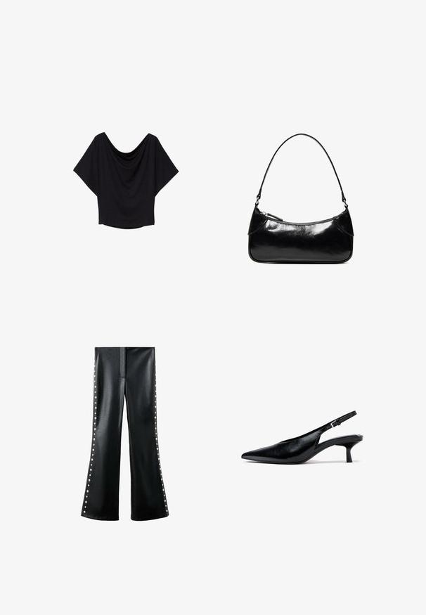 Sort cropped top lavet af blødt stof, med en draperet halsudskæring og brede korte ærmer, med en glat tekstur og afslappet pasform.; Sorte kunstlæderbukser med flagrende ben, sidelommer og en glat overflade. Designet med en strømlinet lukning foran og uden lommer.; Sort læder slingback kittenhæle med spids tå og justerbar strop med spænde på hvid baggrund.; Sort, blank skuldertaske i læder med et enkelt rum med lynlås og en tynd rem buet i en bueform.