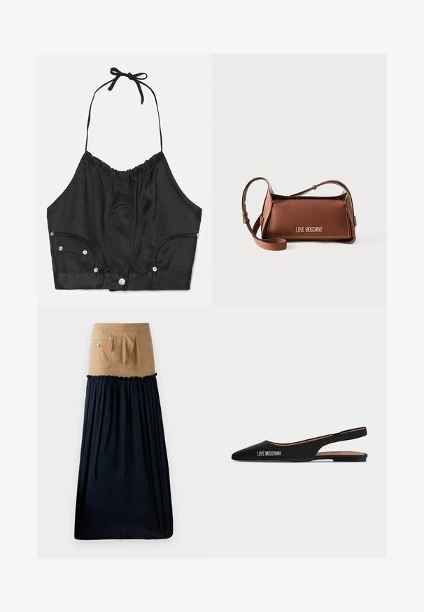 Čierny saténový halter crop top s vrúbkovou textúrou, nastaviteľnou šnúrkou na krku, prednými gombíkmi a dvoma bočnými vreckami so striebornými kovovými akcentmi.; Džínová sukňa v tan farbe s námorníckou krepnou volánovou detailou; obsahuje vrecká a strieborné kovanie; kombinuje štruktúrovaný horný diel s plynulou spodnou časťou.; Čierna špicatá slingback balerína s nízkym podpätkom a logom "LOVE MOSCHINO" na boku na jednoduchom svetlom pozadí.; Hnedá kožená kabelka na rameno s nastaviteľným remienkom a zlatým logom "LOVE MOSCHINO" na prednom prejaze na bielom pozadí.