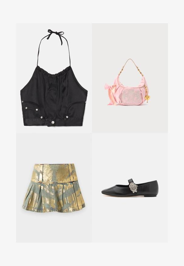 Mustmust värvi satiinist halterneck crop top, kokku volditud tekstuuriga, reguleeritav nöör kaela ümber, ees nupud ja kaks küljetaskut hõbedane käepideme aktsentidega.; Kuldne ja türkiissinine volditud denimseelik läikiva viimistlusega, millel on istuv vöökoht ja kontrastsete õmblustega detailid.; Sophia Webster TITANIA - Pahkluurihmadega baleriinad - black/crystal; Roosa Juicy Couture sametist õlakott kuldse kettaga, südamekujuline võtmevidin, tikitud logo ja roosa satiinist paela detail.