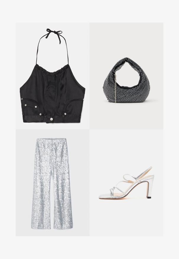 Schwarzes Satin-Halter-Crop-Top mit geraffter Textur, verstellbarem Halsband, Frontknöpfen und zwei seitlichen Taschen mit silbernen Hardware-Details.; Silberne Pailletten-weit ausgestellte Hose mit elastischem Bund. Sie hat eine glänzende Textur und eine weit geschnittene Silhouette.; Silberne Sandale mit hohem Absatz, drei dünnen Riemen und offenem Zehenbereich, von der Seite auf weißem Hintergrund dargestellt.; Schwarze Netz-Handtasche verziert mit silbernen Nieten, mit einem gebogenen Griff und einem Kettenriemen. Weiche Textur mit runder Form.