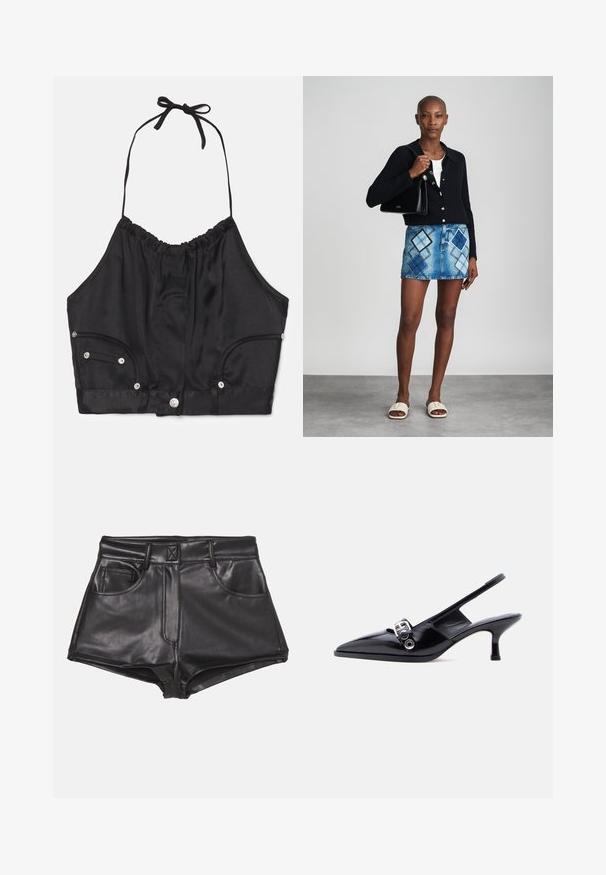Haut crop en satin noir à col halter avec texture froncée, lien réglable au cou, boutons à l'avant et deux poches latérales avec des accents en métal argenté.; Shorts en simili cuir noirs à taille haute, dotés de deux poches frontales, de coutures apparentes et d'une texture lisse.; Chaussure à talon bas en cuir verni noir avec bride arrière, bout pointu et détail boucle argentée sur fond blanc uni.; Un cardigan en maille noir, un haut blanc, une jupe en denim avec un motif de diamants bleus et noirs, un sac à main noir et des sandales à enfiler beiges.