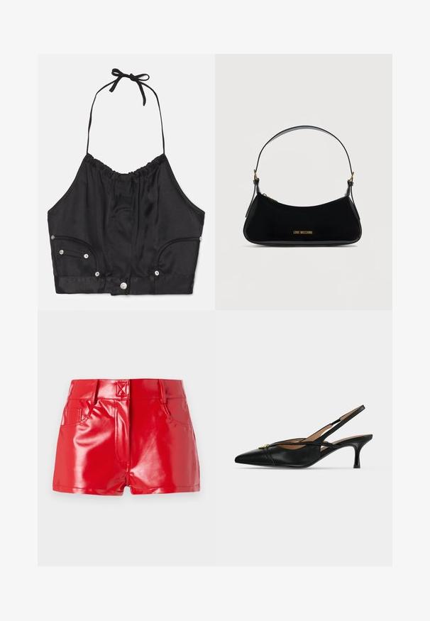 Sort satin halterneck crop top med samlede tekstur, justerbar snor i halsen, knapper foran og to sidelommer med sølv hardware detaljer.; Røde faux læder shorts med en blank finish, der har høj talje, forlommer og syningsdetaljer. Struktureret, tætsiddende design.; Sort læder spids slingback sko med lav killingehæl og guldbeslag foran.; Sort skuldertaske i laklæder med buet form, guld "LOVE MOSCHINO" logo på forsiden og justerbar rem med gulddetaljer.