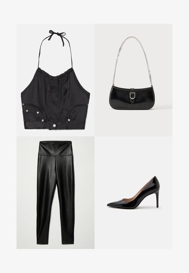 Μαύρο σατέν τοπ crop με halter σχέδιο και gathered υφή, ρυθμιζόμενο δεσμό στον λαιμό, εμπρός κουμπιά και δύο πλαινές τσέπες με ασημένια μεταλλικά στοιχεία.; Μαύρο κολάν από τεχνητό δέρμα με ψηλή μέση, διαθέτοντας λεία υφή και εφαρμοστή σιλουέτα, φτάνοντας μέχρι τον αστράγαλο.; Μαύρο γυαλιστερό γυναικείο παπούτσι με ψηλό τακούνι, μυτερή μύτη και τακούνι στιλέτο, απεικονίζεται σε πλευρικό προφίλ σε απλό λευκό φόντο.; Μαύρη τσάντα ώμου από δερμάτινο γυαλιστερό υλικό με ασημένια αγκράφα και ασημένια αλυσίδα, εμφανιζόμενη σε απλό φωτεινό φόντο.