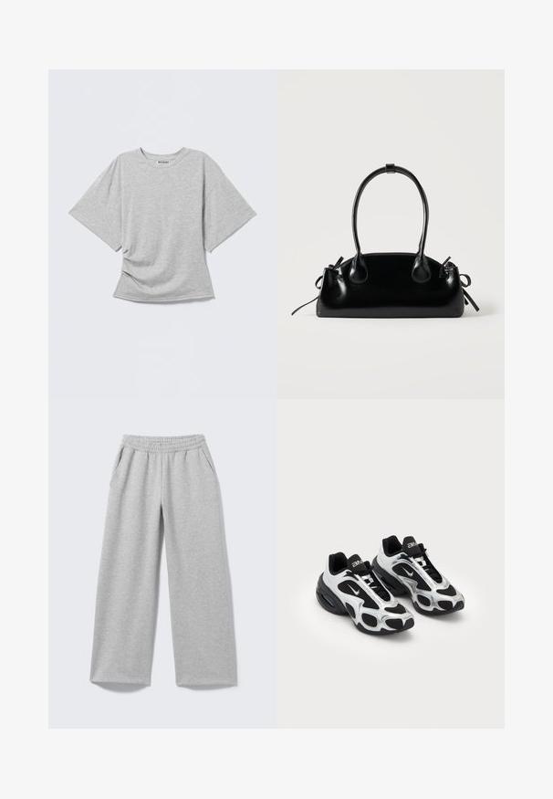 Camiseta gris de manga corta hecha de tela suave, con un ajuste relajado, escote redondo y un detalle de nudo en la cintura.; Pantalones deportivos de pierna ancha en color gris claro, con cintura elástica y bolsillos laterales, mostrados extendidos sobre un fondo claro.; Zapatos deportivos negros y plateados con parte superior de malla y sintético, que presentan un diseño ondulante distintivo y un collar acolchado, con amortiguación de aire en la suela.; Pequeño bolso negro brillante con dos asas largas y detalles de cordón lateral sobre un fondo claro liso.