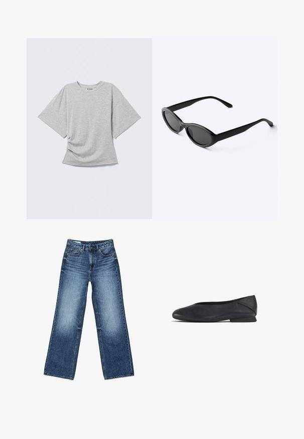 Grå T-shirt med korte ærmer i blødt stof, med afslappet pasform, rund halsudskæring og en twistdetalje ved taljen.; Blå denimjeans med falmet vask på lårene, lige bred ben-snit, foran med knap, lynlås og fem-lomme-stil.; Sorte læder flade sko med rund tå og lav hæl, designet til både casual og formelt brug.; Slanke sorte ovale solbriller med mørke linser og lige arme, hvilende på en hvid overflade.