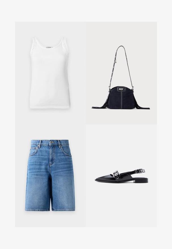 Débardeur blanc côtelé sans manches avec bordure en dentelle sur les bretelles, doté d'un col rond.; Shorts en denim bleu clair, à taille haute, avec une coupe large, cinq poches et des détails cousus le long des bords.; Ballerine pointue en cuir verni noir avec double boucle argentée et talon slingback sur fond blanc.; Sac à main en daim bleu foncé avec des coutures blanches, une poignée découpée, une bandoulière à motif et de longues franges des deux côtés.