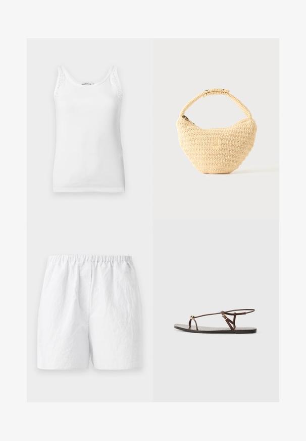 Hvid ribstrikket ærmeløs tanktop med blondekant på skulderstropperne og rund halsudskæring.; Hvide shorts med elastisk talje, fremstillet i et tekstureret stof med en afslappet pasform. Enkel design, ingen mønstre eller udsmykninger.; Brun lædersandal med tynde remme, en gylden cirkulær detalje og en flad sål. Minimalistisk design med en justerbar spændedetalje.; Beige vævet håndtaske med afrundet krop, lynlås, og en kort, tyk strop i en enkel, tekstureret hæklestil.