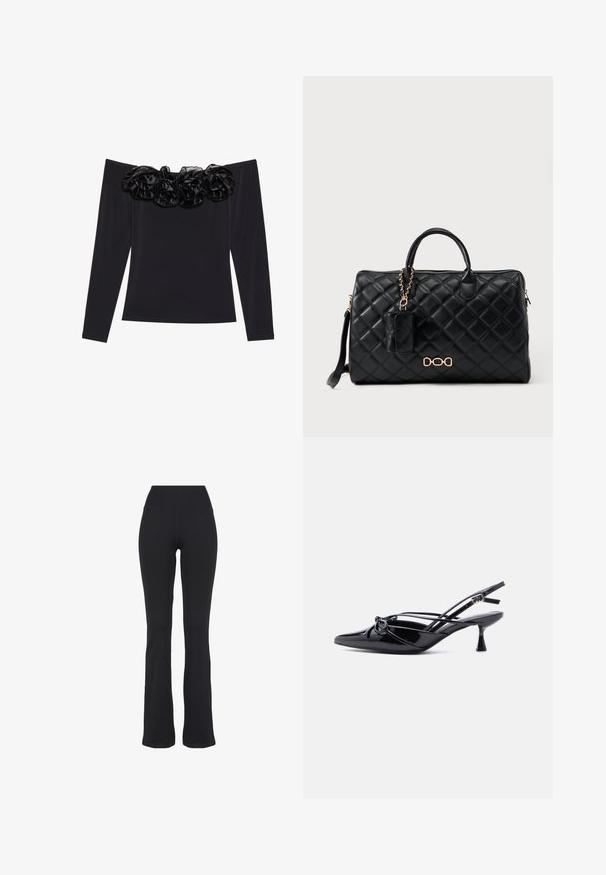 Sort off-shoulder top med lange ærmer, der har en tekstureret blomsterkant i sort velour langs halsudskæringen.; Sorte højtaljede, tætsiddende yogabukser med udvidede ben, præsenteret mod en hvid baggrund.; Sort laklæder slingback-pumpe med spids tå, lav kittenhæl og dekorativ knyttet sløjfedetalje foran.; Sort quiltet læder duffeltaske med guldfarvet beslag, to øverste håndtag, aftagelig kæde-rem og lille fastgjort pung.