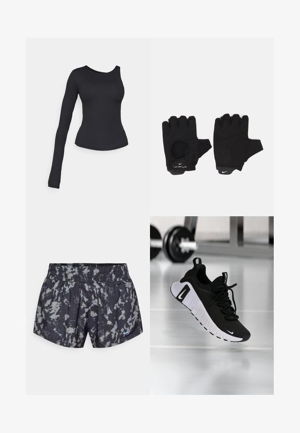 Sort langærmet top med ét skulderdesign. Fremstillet af elastisk materiale, tætsiddende silhuet og glat tekstur.; Sorte og grå tie-dye træningsshorts med elastisk talje og et lille blåt Nike-logo nederst til højre.; Sort atletiksko med en tekstureret stofoverdel, hvid sål og fremtrædende snøresystem. Indeholder en Nike-logo og et blødt, polstret design.; Sorte fingerløse handsker med et tekstureret design. Lavet af et åndbart materiale, med en tommelfingeråbning og forstærket håndflade for bedre greb.