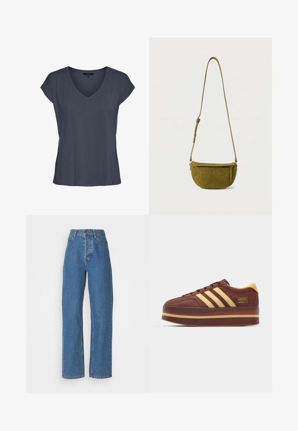 Camiseta de mujer de manga corta y cuello en V de color gris oscuro, con ajuste holgado y hombros ligeramente caídos, mostrada extendida sobre un fondo blanco.; Jeans azules de tiro alto y pierna recta con un acabado desgastado. Cuenta con cinco bolsillos, un cierre de botón y detalles de costura sutiles.; Zapatillas de ante marrón con detalles amarillos, que cuentan con tres rayas laterales, una suela gruesa y un detalle del logo en dorado.; Bolso bandolera de ante verde oliva con correa ajustable y bolsillo frontal con cremallera sobre fondo blanco liso.