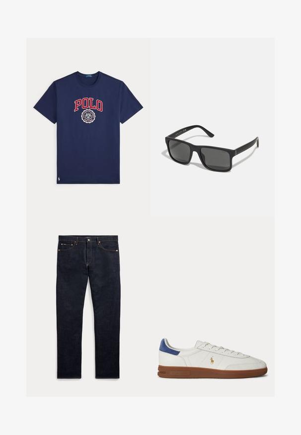 Mørkeblå T-shirt med korte ærmer med rød "POLO" tekst og en rund Polo Ralph Lauren-emblem i hvidt og blåt foran i midten.; Mørkeblå denimjeans med fem lommer, knap- og lynlås-lukning og synlige gyldne syninger, vist fladt på en lys baggrund.; Hvid lavtop sneaker med brun sål, blå hælkappe, snørebånd og gyldent Polo Ralph Lauren logo på siden.; Sorte rektangulære solbriller med mørke linser og mat finish. Har et præget "POLO"-logo på stængerne og et robust rammedesign.