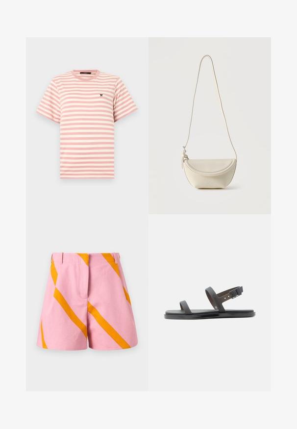 T-shirt à manches courtes à rayures roses et blanches avec col rond et petit logo papillon noir brodé sur le côté gauche de la poitrine.; Shorts roses avec de larges rayures diagonales orange, dotés de passants pour ceinture et d'une fermeture éclair à l'avant.; Sandale plate noire avec deux brides, une sur les orteils et une bride ajustable avec boucle autour de la cheville, design simple.; Petit sac bandoulière en cuir crème avec rabat incurvé et longue lanière fine suspendu sur un fond uni.