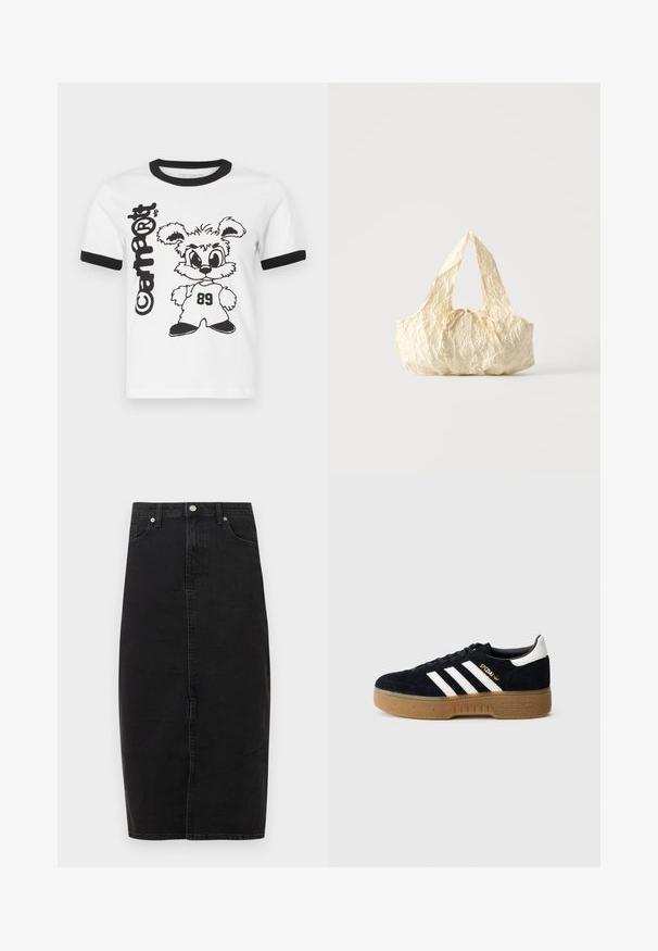 T-shirt en coton blanc avec col et manches ringuées noires, ornée d'un dessin de lapin en style cartoon et du numéro 89 imprimé dessus.; Jupe en denim noir à taille haute, longueur au genou, couture frontale et conception classique à cinq poches. Dotée d'un bouton métallique et d'une texture subtile.; Baskets en daim noir avec trois bandes blanches et logo doré. Semelle en gomme avec adhérence texturée. Design classique à tige basse, bout arrondi.; Sac à main en tissu texturé couleur crème avec des anses sur le dessus et un petit nœud noué au centre devant.