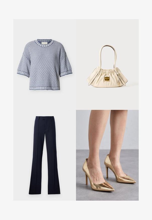 Blauw-witte gebreide korte mouwtrui met een gestructureerd geometrisch patroon en geribbelde halslijn, manchetten en zoom.; Navyblauwe, uitlopende broek gemaakt van een gladde stof. Heeft een platte voorkant, riemlussen en persplooien. Geen zichtbare patronen of accenten.; Gouden hoge hakken met een spitse neus, voorzien van een gestructureerd slangenhuidpatroon en een gladde afwerking. De stilettohak voegt hoogte toe.; Crèmekleurige zachte leren handtas met geplooide bovenkant, twee handvatten en een kleine rechthoekige sluiting in goudkleur aan de voorkant.