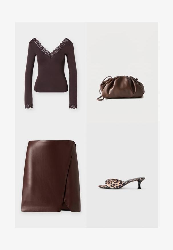 Haut ajusté à manches longues de couleur brun foncé, avec un col en V et des poignets bordés de dentelle florale assortie.; Jupe portefeuille en cuir marron avec une texture lisse, ourlet asymétrique et fermeture éclair sur le côté. Design minimaliste sans motifs ni accents.; Mules en imprimé léopard avec un petit talon aiguille noir. Tige en tissu doux avec un détail de nœud à l'avant et une semelle plate lisse.; Sacoche en cuir marron doux avec un haut froncé et une fine bandoulière, posée sur un fond blanc.