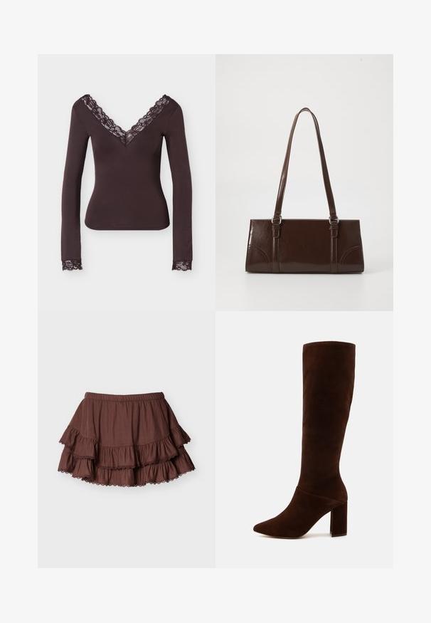 Haut ajusté à manches longues de couleur brun foncé, avec un col en V et des poignets bordés de dentelle florale assortie.; Mini-jupe marron à volants superposés avec une ceinture élastique et des volants bordés de dentelle sur un fond clair uni.; Bottes hautes en daim marron jusqu'au genou avec un bout pointu et un large talon carré. Texture lisse avec une tige ajustée et sans fermetures visibles.; Sac à main en cuir verni marron de forme rectangulaire, avec deux longues poignées et des accents courbés subtils à l'avant.