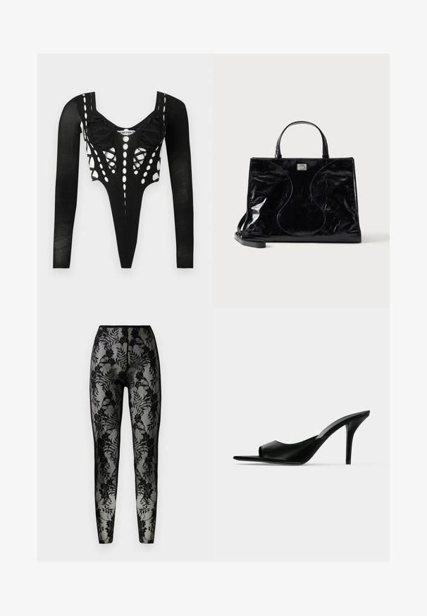 Body noir à manches longues avec un décolleté en V profond, des motifs découpés et des détails à lacets à l'avant et sur les côtés.; Leggings en dentelle noire avec un motif floral, en tissu transparent, et une coupe ajustée, dotés d'une taille lisse et d'ourlets fermés.; Mule à talon haut en cuir noir à bout ouvert avec un talon stiletto fin, vue de profil sur un fond uni.; Sac à main en cuir noir brillant avec poignées courtes, bandoulière amovible et détails de couture discrètement courbés à l’avant.