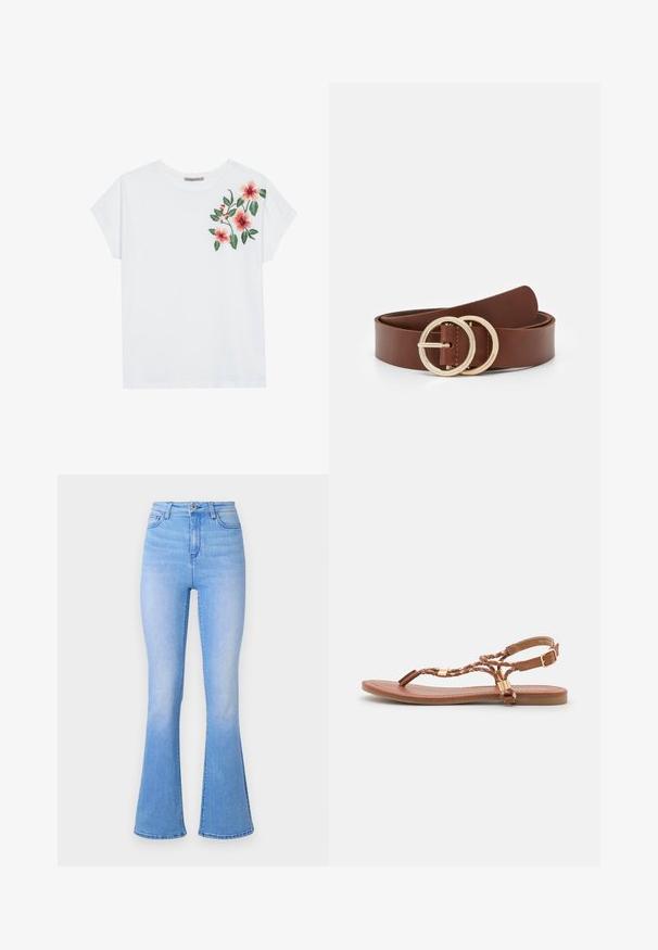 Camiseta de algodón blanca con bordado floral colorido en rojo y verde en el hombro izquierdo. Mangas cortas y un ajuste relajado.; Jeans acampanados de color azul claro con una cintura alta, hechos de mezclilla. Presentan una textura suave y un ligero desvanecimiento hacia el dobladillo. Diseño clásico de cinco bolsillos.; Sandalias planas de cuero marrón con diseño trenzado, tiras finas, detalles en dorado y una suela cómoda. Estilo de punta abierta.; Cinturón de cuero marrón con dos hebillas circulares en tono dorado, textura suave y diseño minimalista. La longitud y el ancho varían.