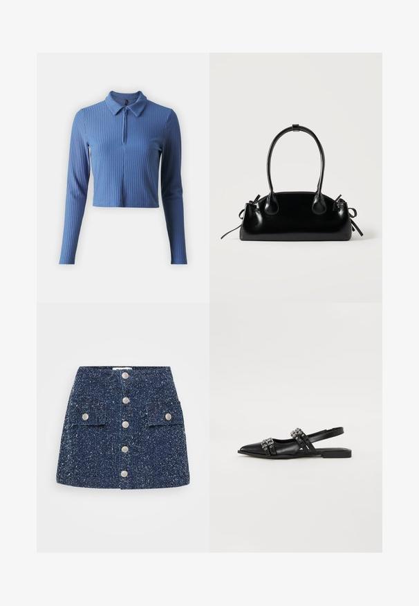 ONLY ONLNELLA HALF ZIP - Top s dlhým rukávom - coronet blue; Tmavo modrá tweedová minisukňa s predným zapínaním na gombíky, dvoma vreckami a textúrovaným vzorom. S obsahom strieborných gombíkov na zapínanie.; Even&Odd by Zalando Balerínky na šnúrky - black; Malá čierna lesklá kabelka s dvoma dlhými rúčkami a bočnými šnúrkovými detailmi na jednoduchom svetlom pozadí.