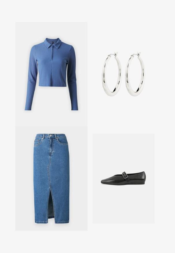 ONLY ONLNELLA HALF ZIP - Langarmshirt - coronet blue; Jeans-Midirock in Blau. Verfügt über einen vorderen Schlitz, einen hohen Bund und ein Fünf-Taschen-Design. Klassische Nähte und Metall-Details.; Schwarze Lederflachschuhe mit spitzem Zehenbereich, ausgestattet mit einem metallischen Riemen über dem Spann und einer niedrigen, flexiblen Sohle.; Silberne Creolen mit einer glatten, glänzenden Oberfläche. Kreisform, ausgestattet mit einem sicheren Verschluss. Einfaches und elegantes Design.