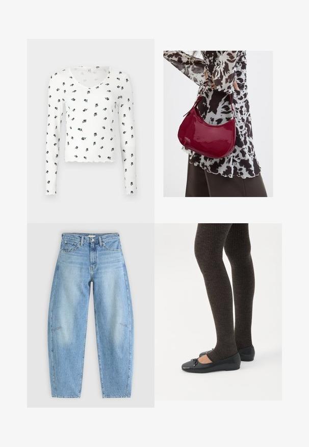 Wit shirt met lange mouwen met een geribbelde textuur, voorzien van een geschulpt zoom en een bloemenpatroon in marineblauw en groen.; Lichtblauwe denim jeans met een relaxte pasvorm, met een hoge taille, rechte pijpen en subtiele stiksels op de voorzakken.; Benen met donkere geribbelde leggings gecombineerd met zwarte ballerina's met kleine strikdetails op een witte achtergrond.; Vrouw met een zwart-wit gebloemde blouse houdt een glanzende rode schoudertas vast tegen een effen achtergrond.