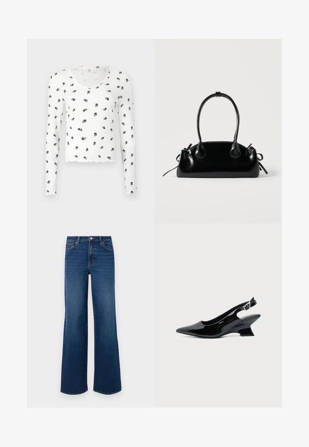 Langærmet hvid bluse med ribbet tekstur, med en bølget kant og et blomsterprint i marineblå og grøn.; Vidde ben denim jeans i mørkeblå med en tekstureret overflade, der har en knaplukning, fem lomme-design og lige kant.; Sort laklæder slingback sko med spids tå og lav vinklet blokhæl på ensartet lys baggrund.; Lille sort blank håndtaske med to lange håndtag og snøre-detaljer i siden på en ensfarvet lys baggrund.