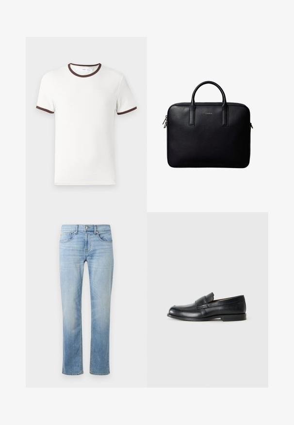 Witte T-shirt met korte mouwen, voorzien van een bruine ribbelboord rond de hals en mouwranden, gemaakt van zacht katoen. Eenvoudig en klassiek ontwerp.; Lichtblauwe denim jeans met een rechte pasvorm, vijf zakken, zichtbare stiksels en een vervaagde afwerking nabij de dijen en knieën.; Zwarte leren instappers met een ronde neus, gestikte details en een vlakke rubberen zool. Heeft een brede band over de wreef.; Zwarte leren aktetas met dubbele handvatten, rechthoekige vorm en zilverkleurige ritstrekkers, voorzien van een klein geperst logo in het midden.