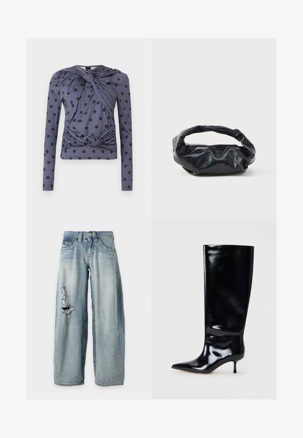 Haut à manches longues gris à pois noirs, avec un design en tissu torsadé à l'avant et un détail noué à la taille.; Jean large bleu clair avec un trou déchiré sur le haut de la cuisse gauche, cinq poches, passants de ceinture et effet délavé.; Botte en cuir noir hauteur genou avec une finition brillante, bout pointu et talon fin. Texture lisse avec des détails de design minimaux.; Sac noir en matériau texturé et brillant avec une poignée circulaire torsadée et une fermeture éclair. Présente un design doux et froissé.