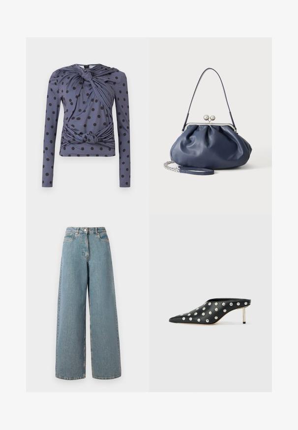 Grijs shirt met lange mouwen en zwarte polkadots, met een gedraaide stof aan de voorkant en een knoopdetail in de taille.; Hogewaisted, lichtblauwe wijdvallende denim jeans met een ritssluiting aan de voorkant, knoopsluiting en zakken aan de voorkant.; STAND STUDIO KELSEY - Muiltjes met hak - black; Zachte navyblauwe leren handtas met zilveren sluiting, enkele schouderband en afneembare ketting polsband op witte achtergrond.