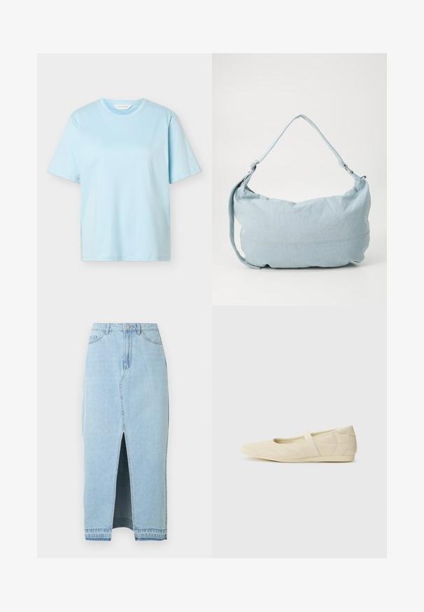 T-shirt bleu clair à manches courtes et col rond avec un logo discret au centre de la poitrine, présenté sur un fond blanc uni.; Jupe en jean bleu clair avec une fente à l'avant et une ceinture. Comprend le design traditionnel à cinq poches et une fermeture à bouton en métal.; Ballerines beiges avec une exterior en cuir lisse, un bout en forme d'amande et une sangle élastique sur le coup de pied, avec des détails de couture subtils.; Sac à dos en denim bleu clair de forme arrondie, avec une bandoulière ajustable et un subtil détail de couture le long du bas. Texture douce.