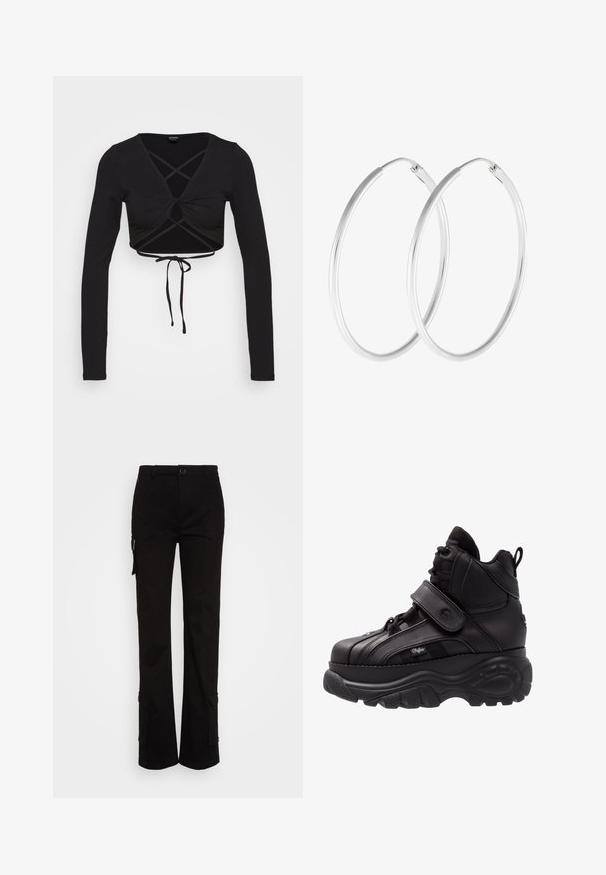 Monki Longsleeve - black; Nicki Studios STRAIGHT POCKET PANTS - Cargobroek - black; Zwarte hoge sneakers met een dikke rubberen zool, leren bovenwerk, veters en klittenbandsluitingen, en gedetailleerde zijkanten met textuur.; Zilverkleurige oorringen met een gladde, ronde vorm en een gepolijste afwerking. Beide oorbellen zijn van dezelfde grootte en hebben een veilige sluitmechanisme.