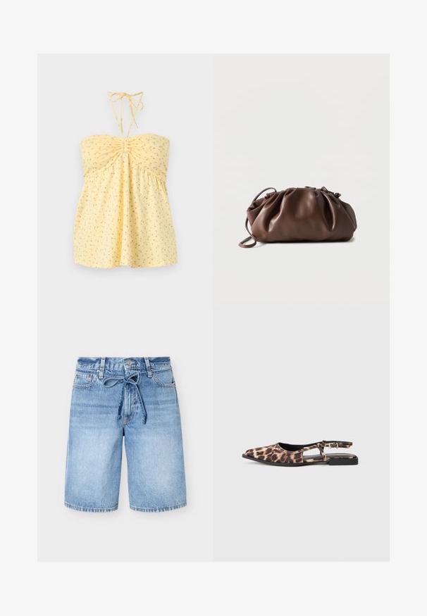 Haut jaune sans bretelles avec petit imprimé floral rose et lien noué autour du cou, comportant un détail froncé au niveau de la poitrine.; Short en denim bleu moyen avec taille haute, bouton devant, cinq poches et ceinture en tissu nouée à la taille.; Ballerine à enfiler en imprimé léopard, avec un bout pointu, des côtés ouverts et un petit talon noir. Le matériau semble lisse avec un léger éclat.; Sacoche en cuir marron doux avec un haut froncé et une fine bandoulière, posée sur un fond blanc.