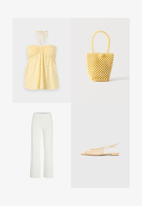 Haut jaune sans bretelles avec petit imprimé floral rose et lien noué autour du cou, comportant un détail froncé au niveau de la poitrine.; Pantalons en maille blanche à côtes avec une coupe évasée et une taille élastique, présentant des rayures horizontales pour une texture et des détails.; Chaussure plate slingback en beige clair avec une tige en maille, un bout pointu et un petit talon. Dotée d'une sangle ajustable pour un bon maintien.; Petit sac à main style bocal fait de perles crème brillantes avec une anse en perles bouclée et une fermeture décorative avec un nœud de perles.