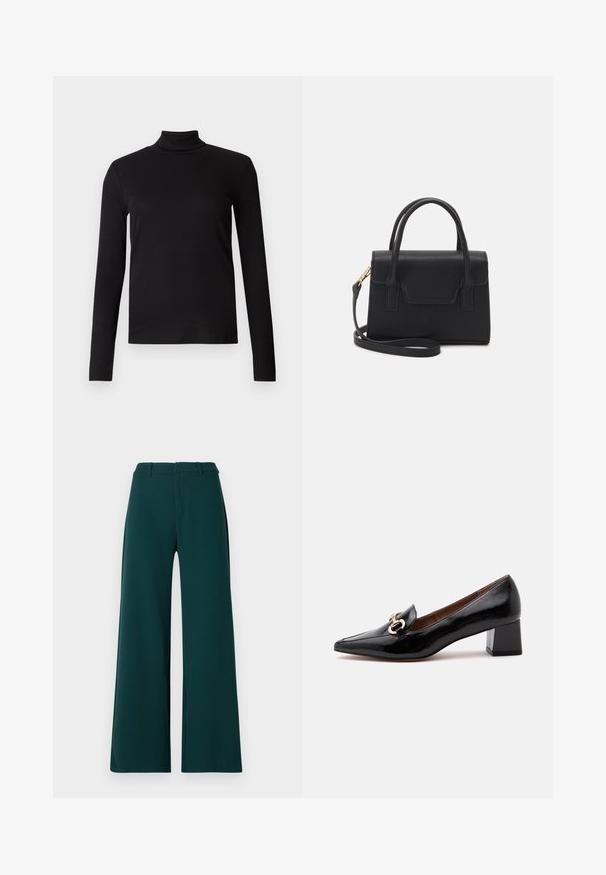 Schwarzes Langarm-Turtleneck-Shirt aus weichem Stoff, mit einem figurbetonten Design und glatter Textur. Keine Muster oder sichtbaren Beschläge.; Weite Hosen aus dunkelgrünem Stoff. Mit hoher Taille, vorderen Falten und Gürtel-Schlaufen. Glatte Textur und maßgeschneidertes Design.; Schwarzer Lackleder-Loafer mit niedrigem Blockabsatz, goldener Kettendekoration oben, spitzer Spitze und braunem Innenfutter.; Schwarze strukturierte Handtasche aus Leder mit einem oberen Tragegriff, abnehmbarem Schulterriemen und einer Klappe auf der Vorderseite. Akzente in Goldmetall.