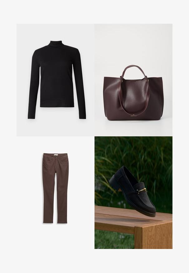 Chemise à col roulé noir à manches longues, en tissu doux, présentant un design ajusté et une texture lisse. Sans motifs ni accessoires visibles.; Pantalons slim fit marron foncé avec poches avant, passants de ceinture et fermeture à deux boutons sur fond blanc.; Mocassin en daim noir avec mors métallique doré flottant au-dessus d’un banc en bois, sur fond naturel vert flou.; Sac fourre-tout en cuir bordeaux avec une texture lisse, deux poignées solides et un design minimaliste. Présente un subtil détail en métal doré.