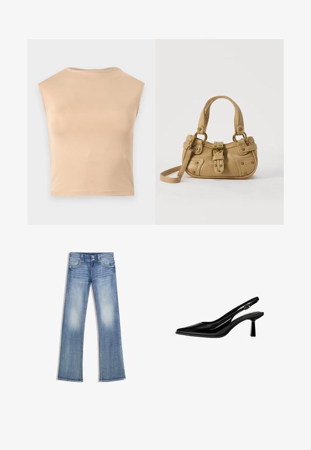 Ærmeløs beige crop top med høj rund halsudskæring, glat stof og lige kant, vist på ensfarvet hvid baggrund.; Lyseblå bootcut-jeans med falmet vask, fem lommer, bæltestropper og lukning med dobbelte knapper, lagt fladt ud på en hvid baggrund.; Sort laklæder slingback pump med spids tå, mellemhøj blokhæl og justerbar spænde rem på hvid baggrund.; Beige læderhåndtaske med dobbelte håndtag, messing spænde og nitte detaljer samt en justerbar skulderrem mod en hvid baggrund.