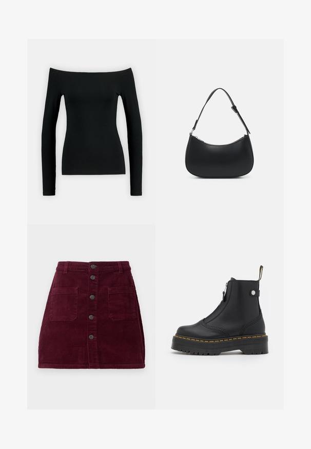 Schwarz, langärmliges Oberteil mit einem Off-Shoulder-Design. Hergestellt aus glattem Stoff, hat es eine figurbetonte Form und nahtlose Verarbeitung.; Burgunderrote Cord-Rock mit hoher Taille, fünf vorderen Knöpfen und zwei vorderen Taschen; strukturierter Stoff mit vertikalen Rippungen.; Schwarze Knöchelboots aus glattem Leder, ausgestattet mit einem seitlichen Reißverschluss, gelben Nähten und einer dicken, geriffelten Gummisohle.; Pieces PCALUANA SHOULDER BAG - Handtasche - black