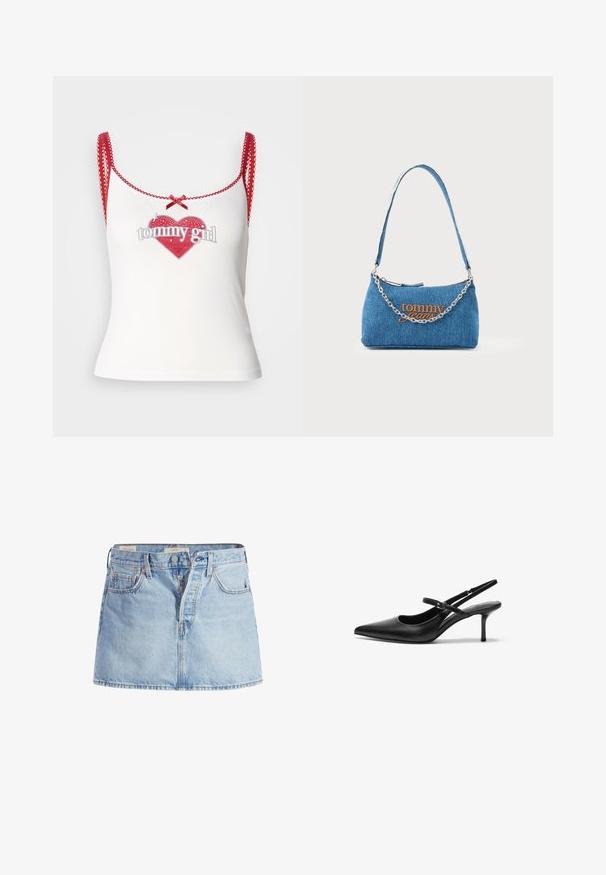 Hvid tanktop med røde detaljer, der har et hjerteformet grafisk motiv og teksten "tommy girl". Røde stropper med bølgede kanter og en sløjfeudvidelse.; Lysblå denimnederdel med et tætsiddende talje, fem-pockets design, frontknaplukning og subtile falmede områder i stoffet.; Sorte læder slingback hæle med spids tå, slank justerbar rem og en stiletto hæl på cirka 5 cm, glat tekstur.; Lyseblå denim-håndtaske med en sølvkæde som rem, med orange "tommy jeans" broderi på forsiden og lynlås.