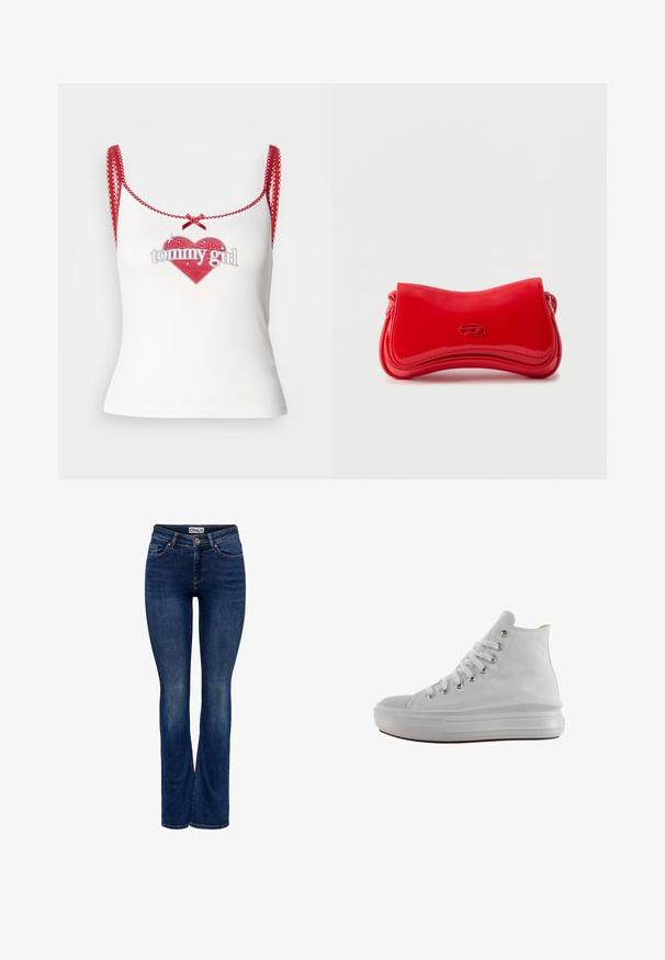 Weißes Tanktop mit roten Akzenten, das ein herzförmiges Grafikdesign und den Text "tommy girl" zeigt. Rote Träger mit gewellten Kanten und einer Schleifenverzierung.; Dunkelblaue Jeans aus Denim mit leichter Verblendung, Fünf-Taschen-Design, Knopfverschluss und Bootcut-Beinstil, mit dem Etikett "ONLY" am Bund.; Weißer High-Top-Canvas-Sneaker mit weißen Schnürsenkeln, metallischen Ösen, dicker Gummisohle und strukturierter Zehenkappe, nach links auf weißem Hintergrund ausgerichtet.; Glänzende rote Handtasche mit sanften Kurven und einem kleinen ovalen Logo vorne, vor einem schlichten hellen Hintergrund.