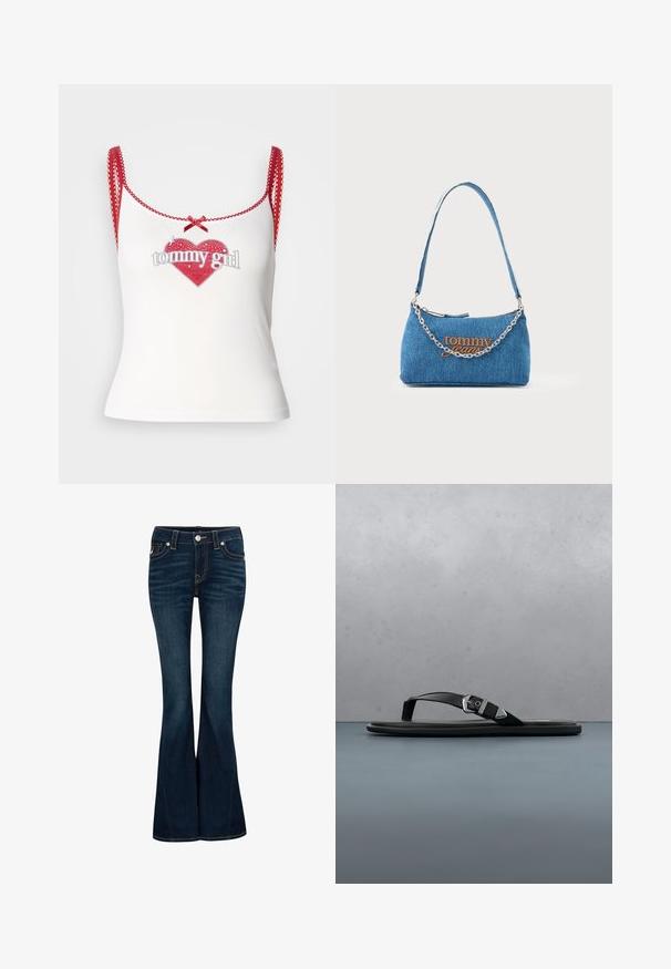 Weißes Tanktop mit roten Akzenten, das ein herzförmiges Grafikdesign und den Text "tommy girl" zeigt. Rote Träger mit gewellten Kanten und einer Schleifenverzierung.; True Religion Flared Jeans - indigo upgrade; Schwarze Riemchensandale mit silberner Schnalle, die über einem Holzfliesenboden im Freien schwebt, im Hintergrund grünes Laub und Steinmauer.; Denim-Handtasche in Hellblau mit silberner Kettenschlaufe, vorne mit orangefarbener "tommy jeans" Stickerei und einem Reißverschluss.