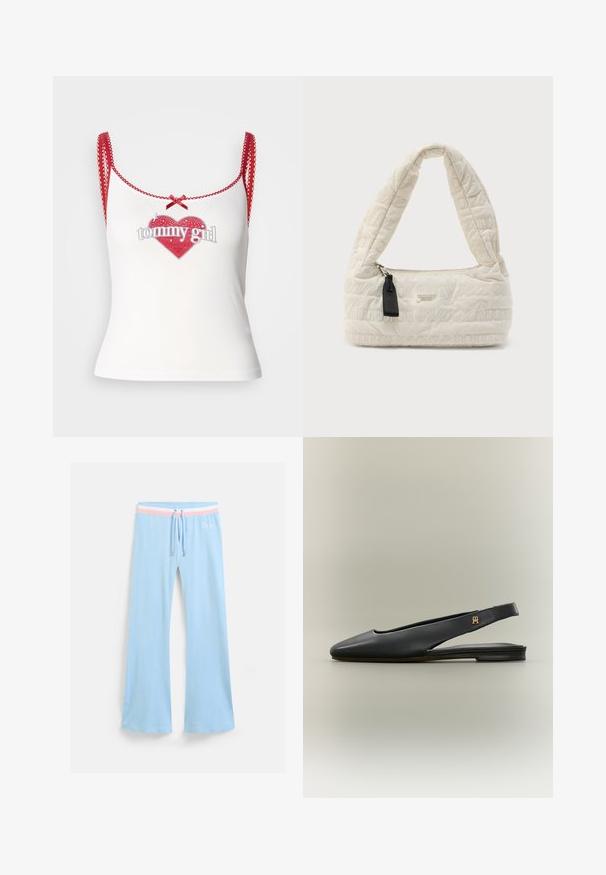 Hvid tanktop med røde detaljer, der har et hjerteformet grafisk motiv og teksten "tommy girl". Røde stropper med bølgede kanter og en sløjfeudvidelse.; Lyseblå, flagrende sweatpants med snor i taljen. Har en pink og hvid stribet accent samt broderet logo. Blød stoftekstur.; Sort læder slingback flad sko med spids tå og guldt logo accent på remmen, vist på en neutral baggrund.; Quiltet cremefarvet håndtaske med buet håndtag, lynlås og kontrasterende sort hardware. Har præget branding over hele overfladen.