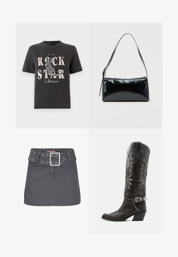 Must must värvitud T-särk, millel on julge valge tekst "ROCK STAR" ja sädeleva kassi siluett. Ümmargune kaelus ja lühikesed varrukad.; Hallhalli puuvillane mini seelik, millel on lai vöö, sisaldades hõbedasi silmuseid ja ruudukujulist metallist klambrit, kujundatud puhta ja sirge siluetiga.; Mustast nahast kameelisaap kaunistavate lõigetega, hõbedase pandla ja kaldu kannaosaga, valgel taustal.; Must ristkülikukujuline õlakott ühe reguleeritava rihmaga ja ülemise tõmblukuga, ühtlase taustaga.