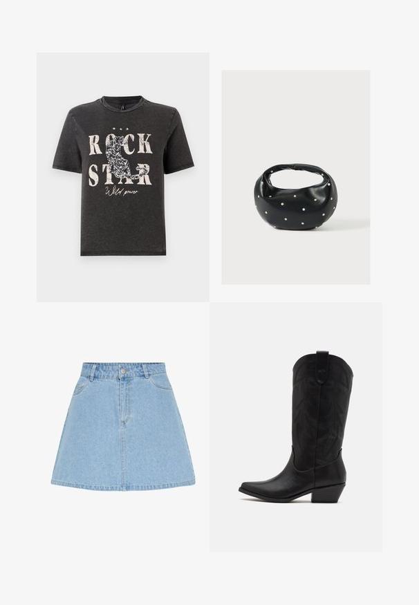 Camiseta de algodón negra con el texto en blanco "ROCK STAR" en negrita y un diseño de silueta de gato brillante. Cuello redondo y mangas cortas.; Falda línea A de denim azul claro con cierre frontal de botones y cremallera, presillas para cinturón y dos bolsillos delanteros.; Bota de cowboy de cuero negro con puntera puntiaguda, tacón bajo y apilado, y un intrincado patrón de hojas grabado en el eje. Asa en la parte superior para facilitar el uso.; Bolso de mano de cuero negro con forma redondeada, decorado con detalles de tachuelas plateadas y un asa corta. Textura lisa y cierre con cremallera.