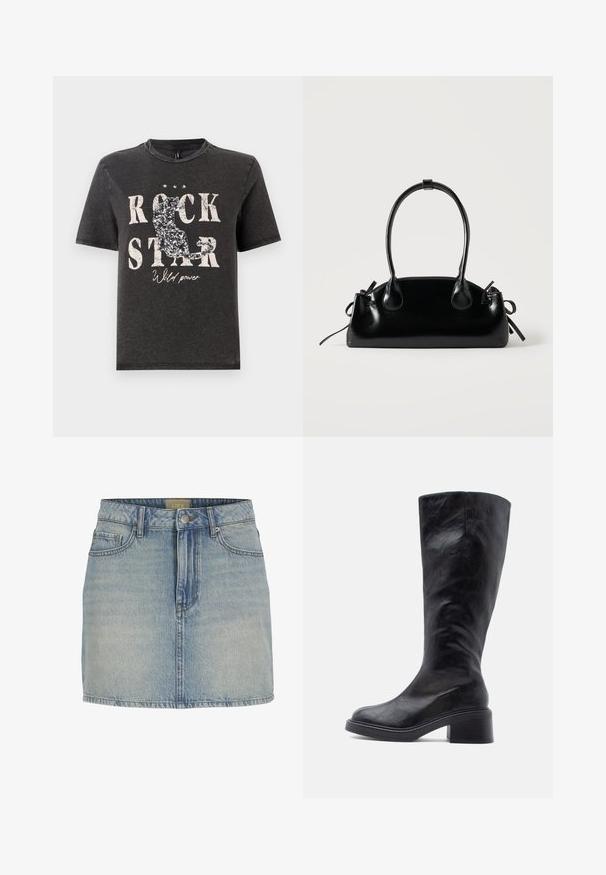 Zwarte katoenen T-shirt met vet witte tekst "ROCK STAR" en een glinsterend katten silhouet design. Ronde halslijn en korte mouwen.; Lichtblauwe denim minirok met een aansluitende taille, knoopsluiting aan de voorkant, vijf zakken en subtiele vervagingen op de stof.; Zwart leren laarzen tot net onder de knie met een licht glanzende afwerking, een ronde neus en een stevige hak. Heeft minimale stiksels en een gladde textuur.; Kleine zwarte glanzende handtas met twee lange hengsels en zijkant trekkoord details op een effen lichte achtergrond.