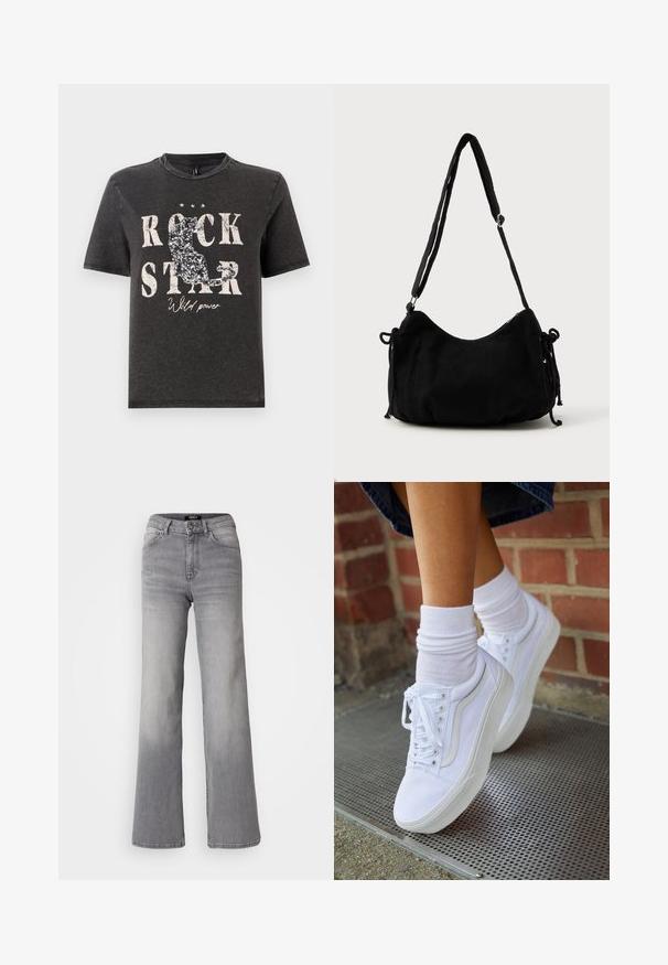 Schwarzes Baumwoll-T-Shirt mit auffälligem weißen Text "ROCK STAR" und glitzernder Katzensilhouette. Runder Halsausschnitt und kurze Ärmel.; Hochtaillierte graue Denim-Jeans mit geradem Bein, Frontknopf und Reißverschluss, Vorder- und Gesäßtaschen sowie ausgewaschenen Schattierungen an Oberschenkeln und Waden.; Weiße Leinensneaker mit Gummisohlen, ausgestattet mit sechs Ösen, runder Zehenpartie und dezenten Nähten, kombiniert mit weißen Knöchelsocken.; Schwarze Cordtasche mit geschwungener Form, verstellbarem Schultergurt und Kordelzugverschlüssen an beiden Seiten zur Größenanpassung.